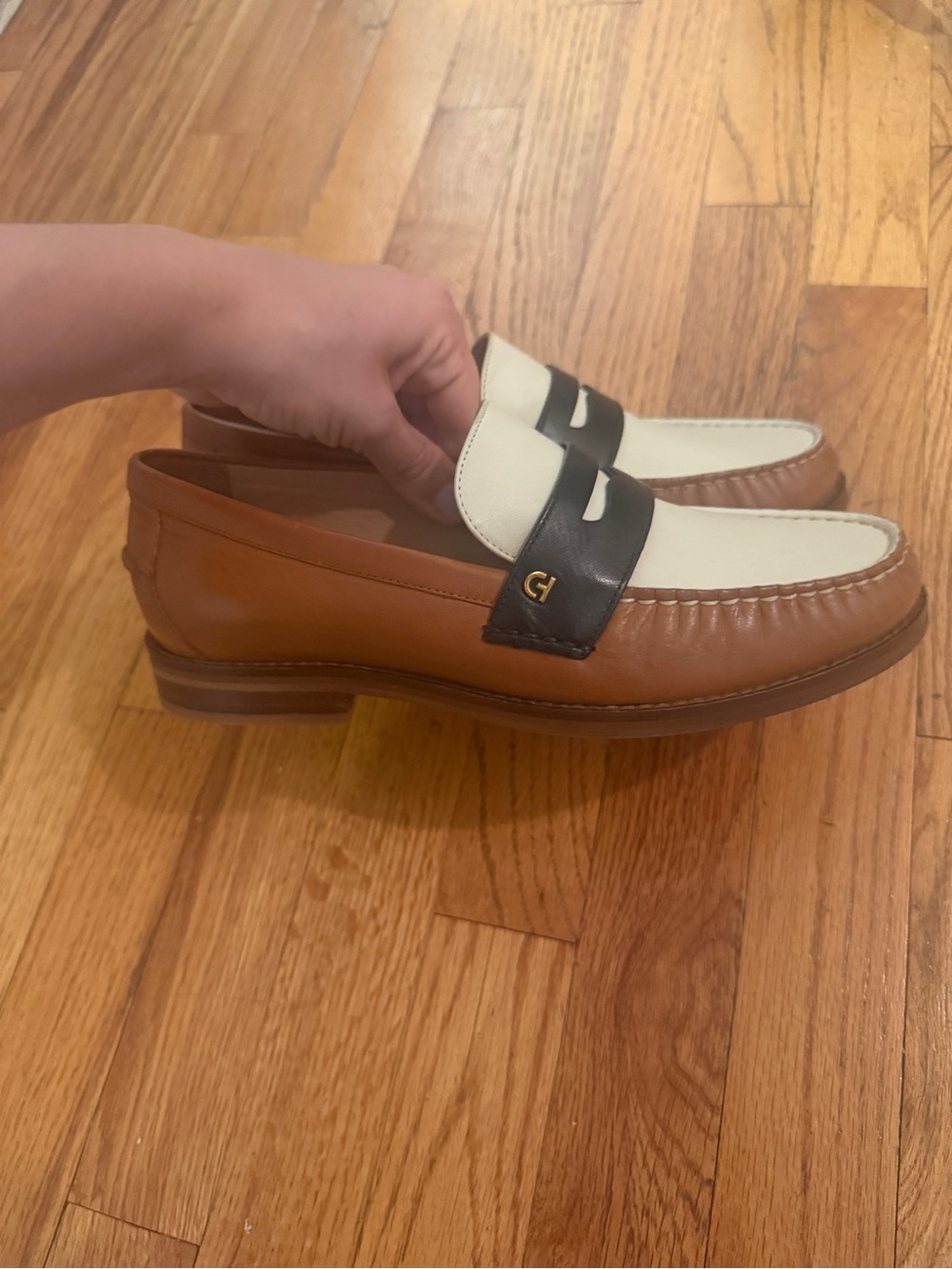 Cole Haan Tri-Color Leather Penny Loafers — White, Black & Brown - Picture 2 of 3